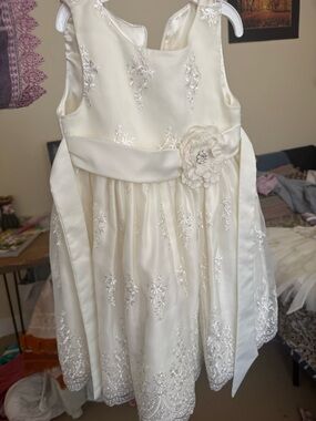 American Princess Ivory Floral Embroidered Satin Dress with Decorative Flower